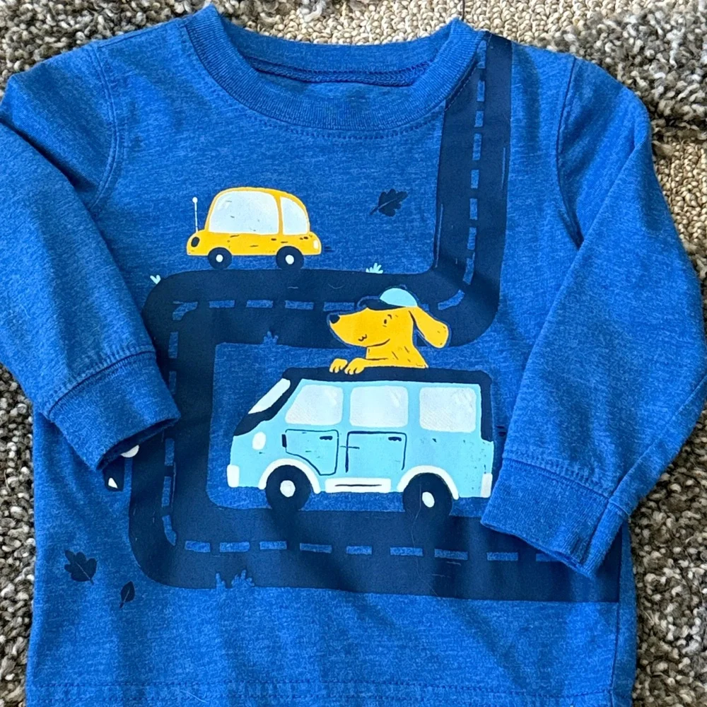 Carters Baby Boy Dog Driving Car Blue Tee Gray Striped Onesie Joggers Lot 3 Pc
